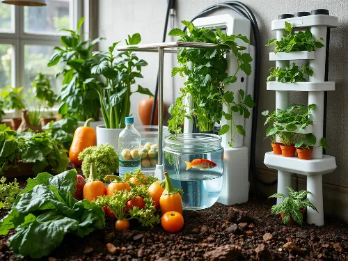 Vibrant image showing organic vegetables, aquaponics setup, and vertical garden towers