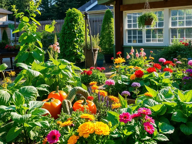 Vibrant home garden with fresh vegetables and flowers